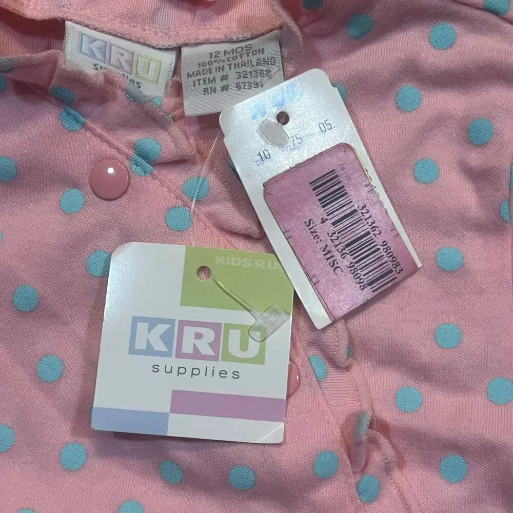 New Vintage KRU Supplies Baby Romper 12M Pink Polka‎ Dot Button Front Bodysuit